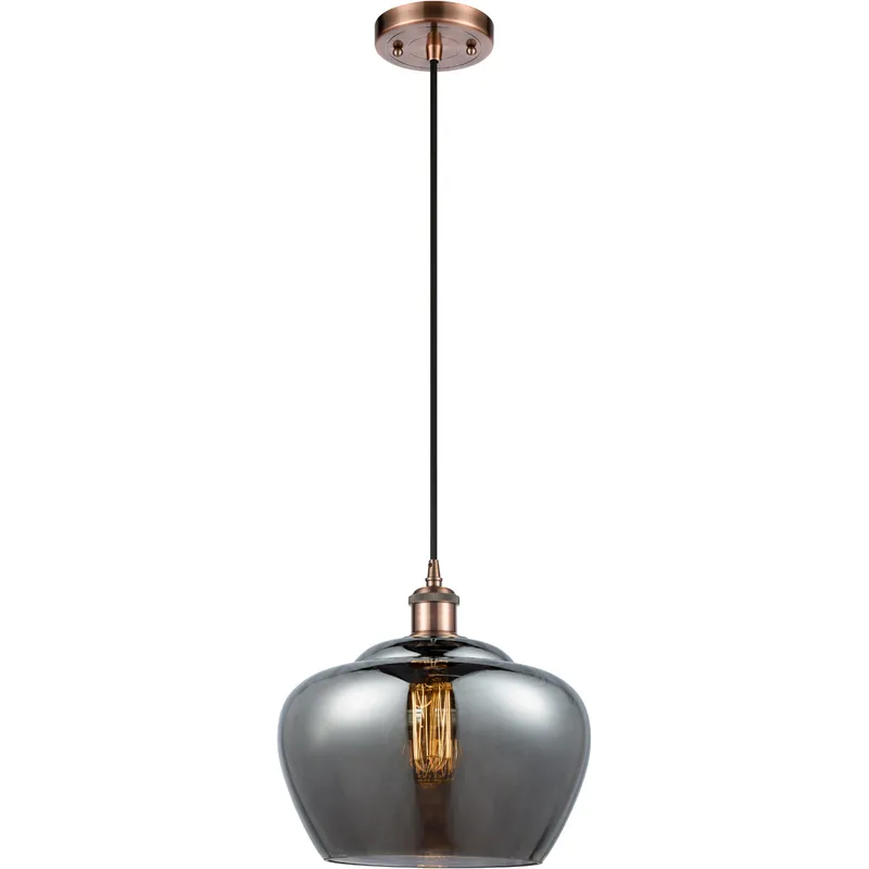 Ballston Large Fenton 1 Light 11 inch Antique Copper Mini Pendant Ceiling Light in Black Textured, Light Smoke Glass, Ballston