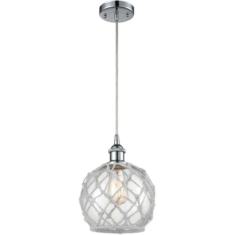 Ballston Farmhouse Rope LED 8 inch Polished Chrome Mini Pendant Ceiling Light in Clear Glass with White Rope, Ballston