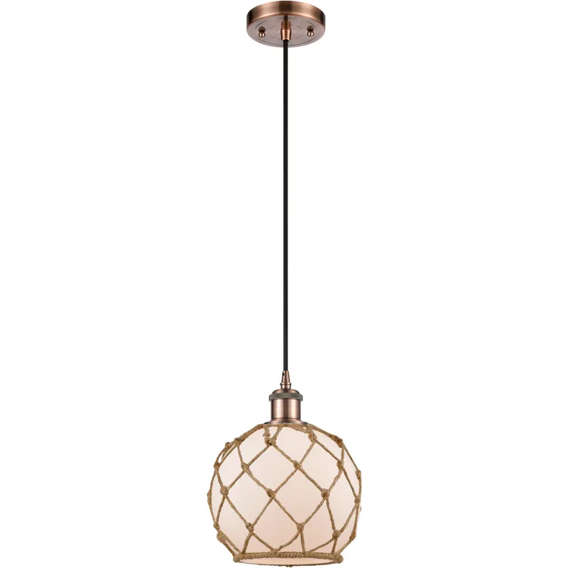 Ballston Farmhouse Rope LED 8 inch Antique Copper Mini Pendant Ceiling Light in White Glass with Brown Rope, Ballston