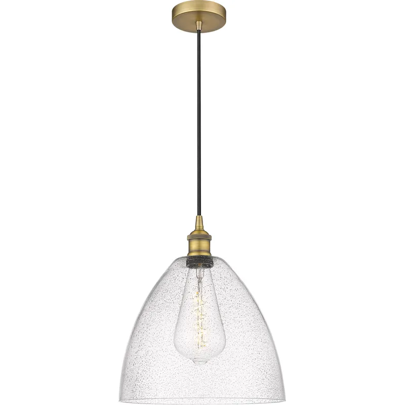Edison Dome LED 12 inch Brushed Brass Mini Pendant Ceiling Light in Seedy Glass