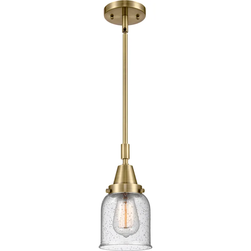 Franklin Restoration Small Bell LED 5 inch Antique Brass Mini Pendant Ceiling Light in Seedy Glass