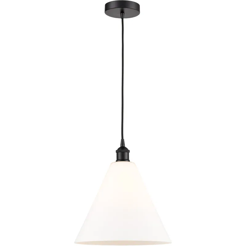 Edison Cone LED 12 inch Matte Black Mini Pendant Ceiling Light in Matte White Glass
