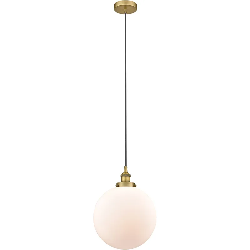 Edison Beacon LED 12 inch Brushed Brass Mini Pendant Ceiling Light in Matte White Glass