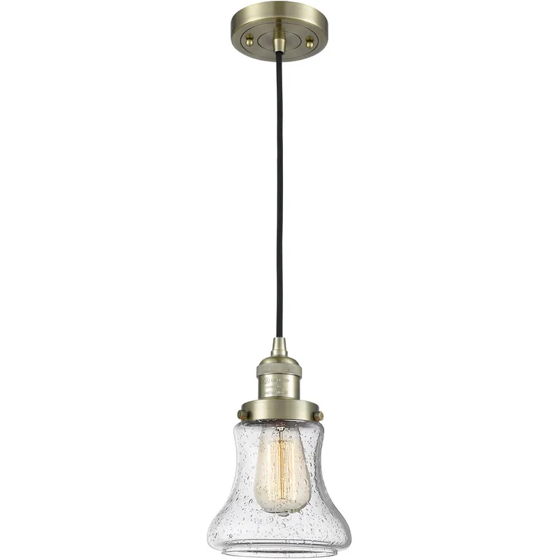 Franklin Restoration Bellmont LED 6 inch Antique Brass Mini Pendant Ceiling Light in Seedy Glass, Franklin Restoration