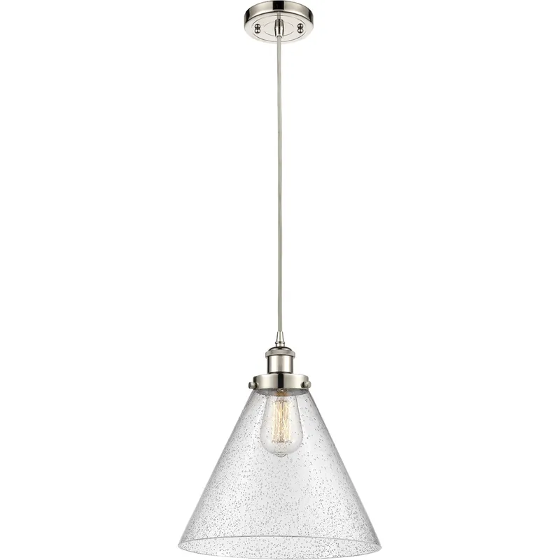 Ballston X-Large Cone LED 8 inch Polished Nickel Mini Pendant Ceiling Light in Seedy Glass, Black Textured