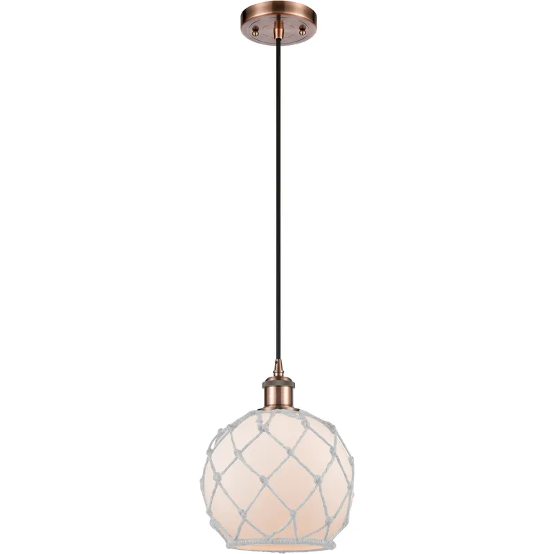 Ballston Farmhouse Rope LED 8 inch Antique Copper Mini Pendant Ceiling Light in White Glass with White Rope, Ballston