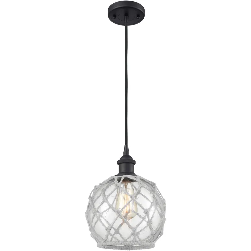 Ballston Farmhouse Rope LED 8 inch Matte Black Mini Pendant Ceiling Light in Clear Glass with White Rope, Ballston