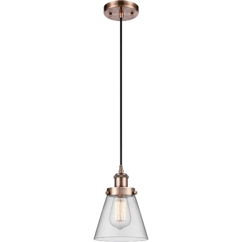 Ballston Small Cone LED 6 inch Antique Copper Mini Pendant Ceiling Light in Clear Glass, Black Textured