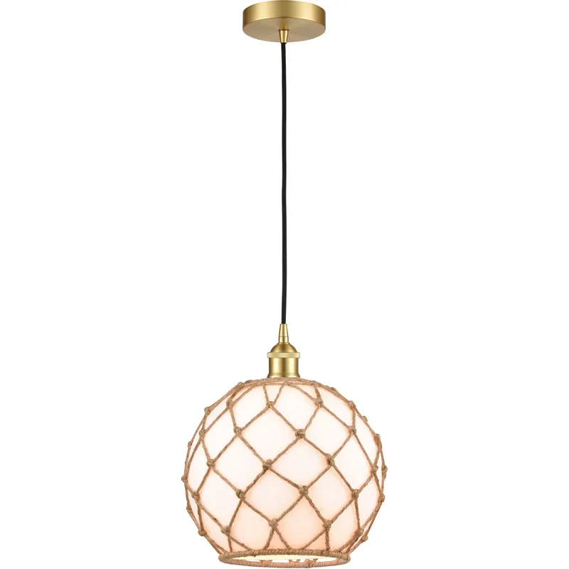 Edison Farmhouse Rope LED 10 inch Satin Gold Mini Pendant Ceiling Light in White Glass with Brown Rope