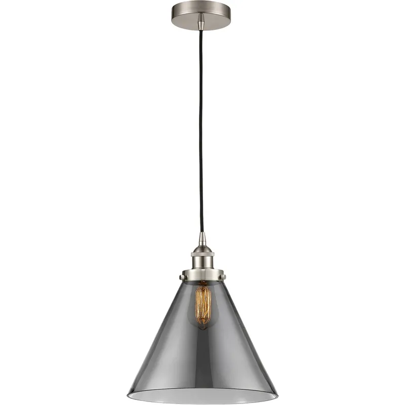 Edison Cone 1 Light 12 inch Brushed Satin Nickel Mini Pendant Ceiling Light in Light Smoke Glass