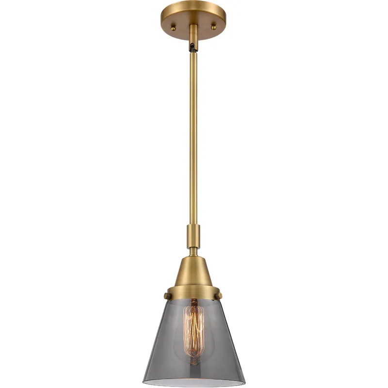 Franklin Restoration Small Cone LED 6 inch Brushed Brass Mini Pendant Ceiling Light in Plated Smoke Glass