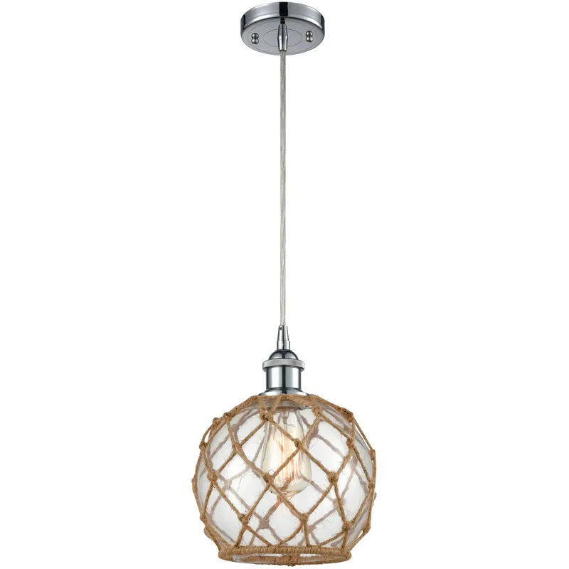 Ballston Farmhouse Rope LED 8 inch Polished Chrome Mini Pendant Ceiling Light in Clear Glass with Brown Rope, Ballston