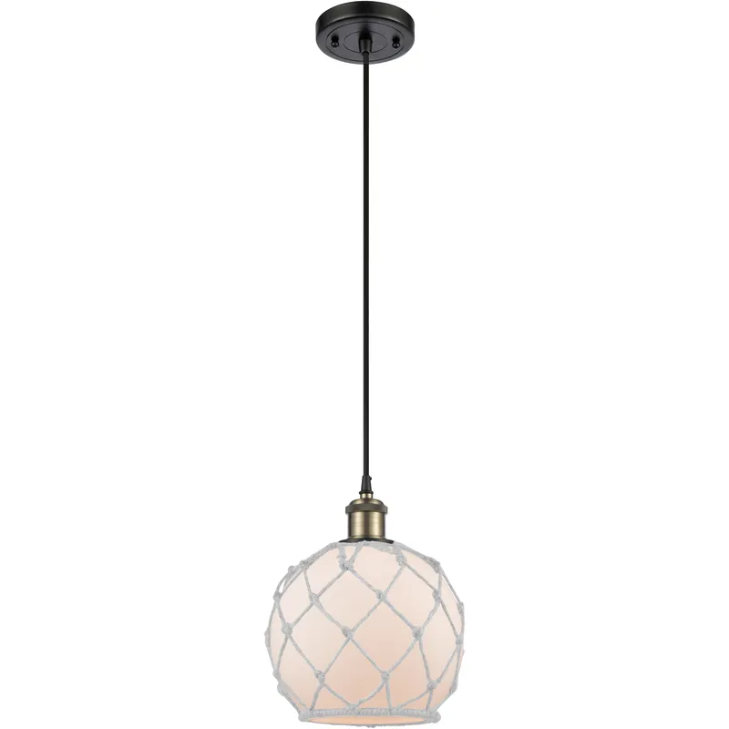 Ballston Farmhouse Rope LED 8 inch Black Antique Brass Mini Pendant Ceiling Light in White Glass with White Rope, Ballston