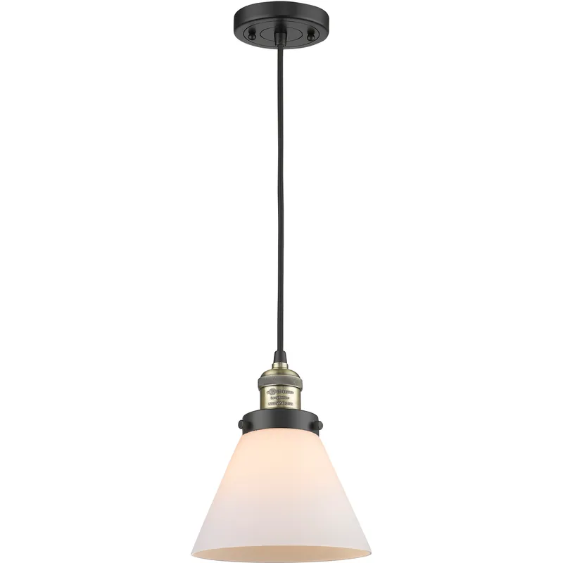 Franklin Restoration Cone 1 Light 8 inch Black Antique Brass Mini Pendant Ceiling Light in Incandescent, Matte White, Franklin Restoration
