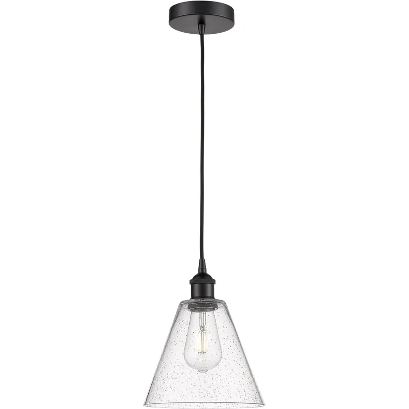 Edison Cone LED 8 inch Matte Black Mini Pendant Ceiling Light in Seedy Glass