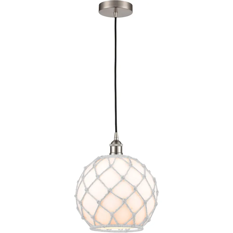 Edison Farmhouse Rope LED 10 inch Brushed Satin Nickel Mini Pendant Ceiling Light in White Glass with White Rope