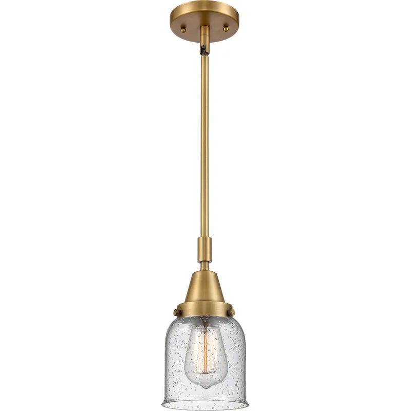 Franklin Restoration Small Bell LED 5 inch Brushed Brass Mini Pendant Ceiling Light in Seedy Glass