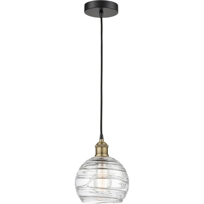 Athens Deco Swirl 1 Light 8 inch Black Antique Brass Mini Pendant Ceiling Light in Clear Deco Swirl Glass