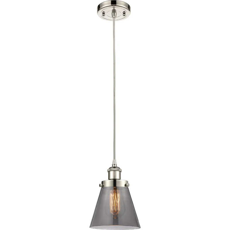 Ballston Small Cone LED 6 inch Polished Nickel Mini Pendant Ceiling Light in Plated Smoke Glass, Black Textured