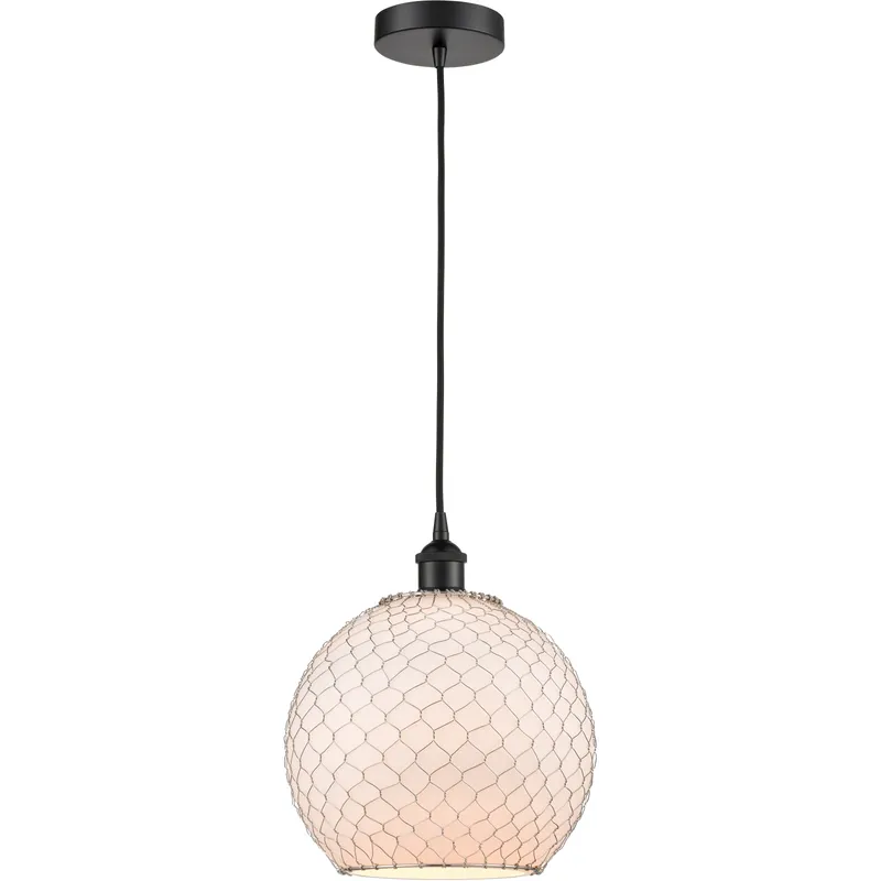 Ballston Farmhouse Chicken Wire 1 Light 10 inch Matte Black Mini Pendant Ceiling Light in White Glass with Nickel