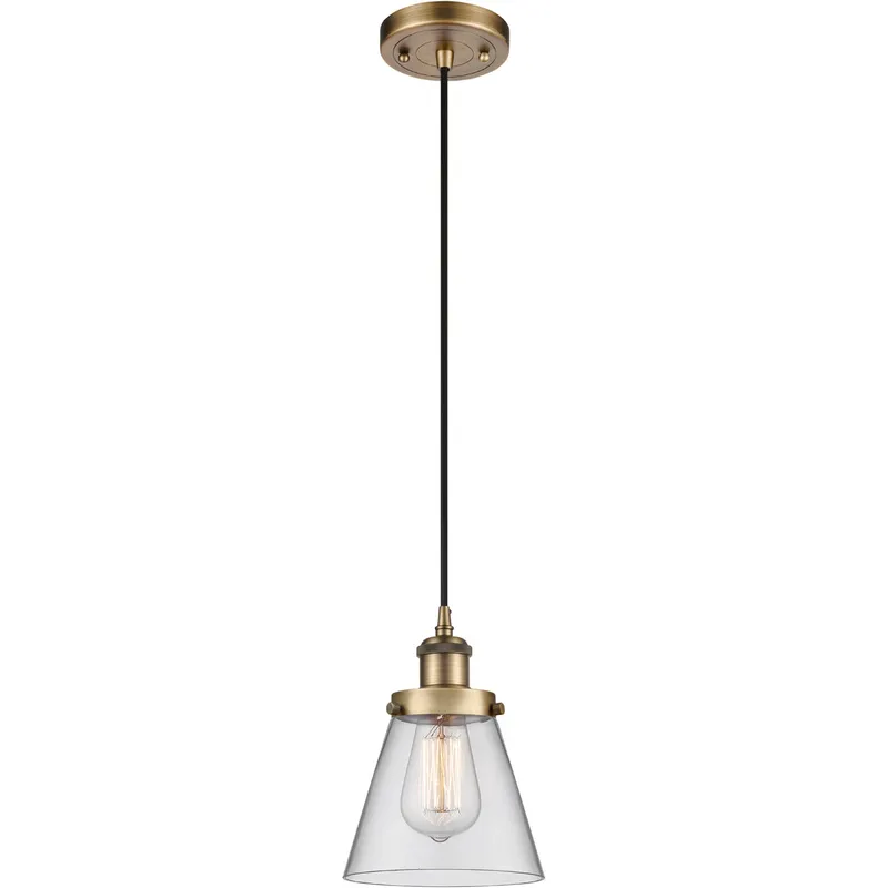 Ballston Small Cone LED 6 inch Brushed Brass Mini Pendant Ceiling Light in Clear Glass, Black Textured