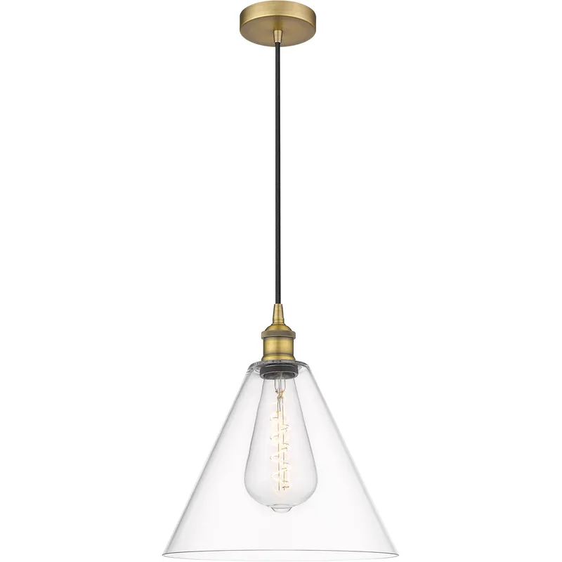 Edison Cone LED 12 inch Brushed Brass Mini Pendant Ceiling Light in Clear Glass