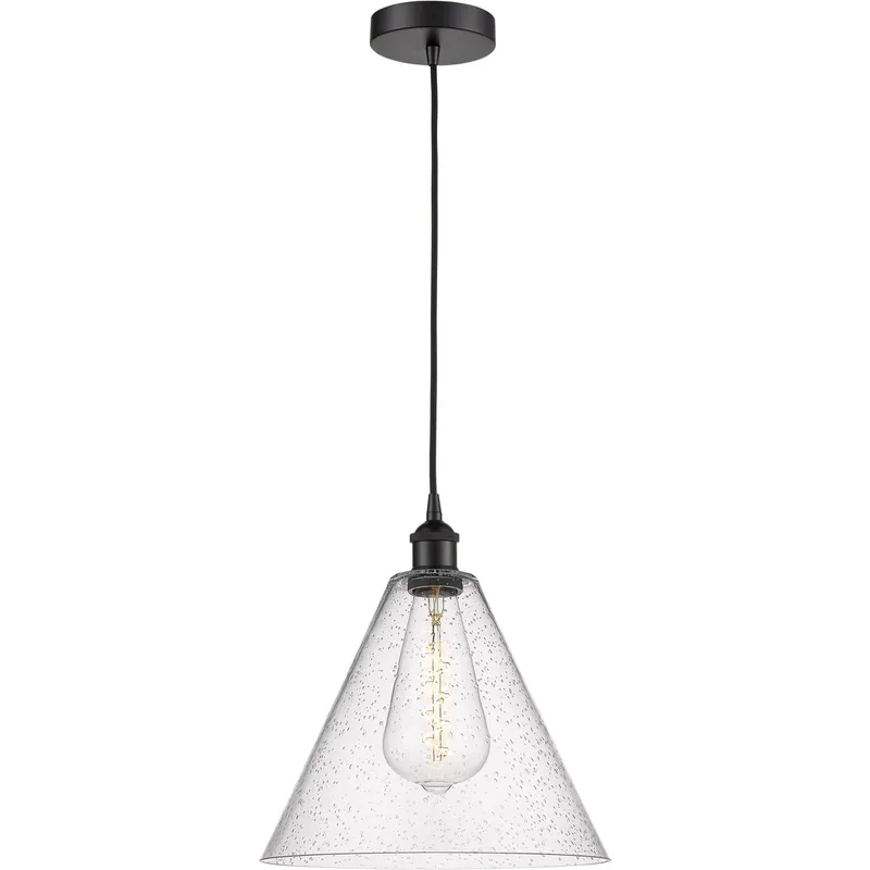 Edison Cone LED 12 inch Matte Black Mini Pendant Ceiling Light in Seedy Glass