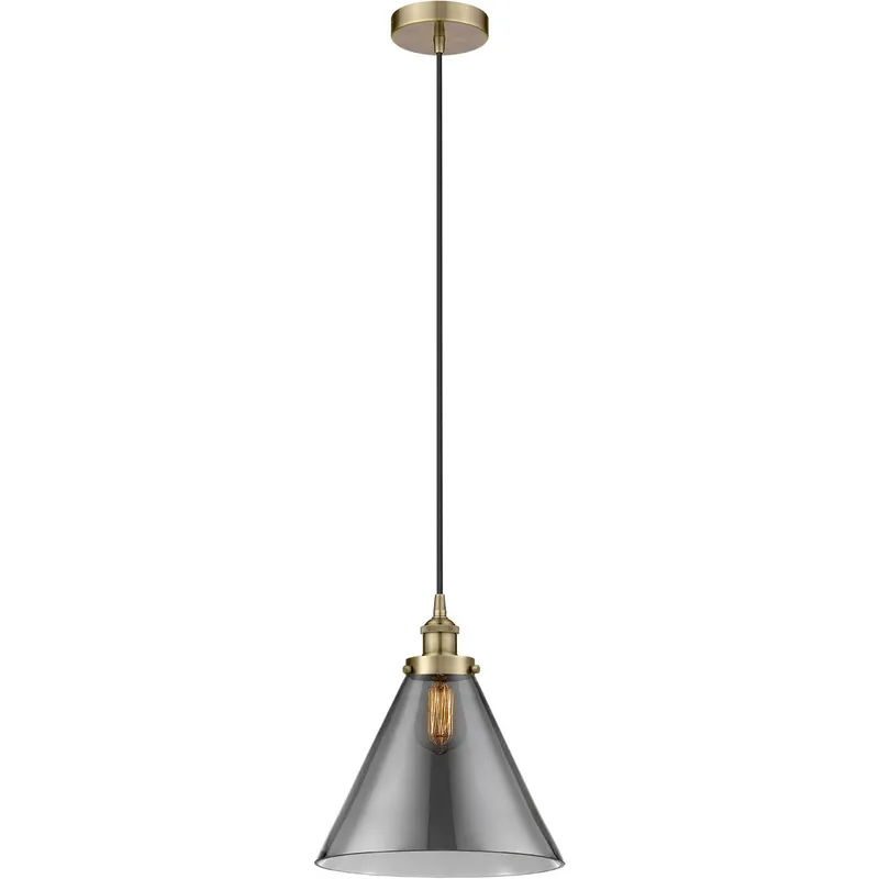 Edison Cone 1 Light 12 inch Antique Brass Mini Pendant Ceiling Light in Light Smoke Glass