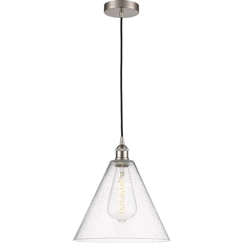 Edison Cone LED 12 inch Brushed Satin Nickel Mini Pendant Ceiling Light in Seedy Glass