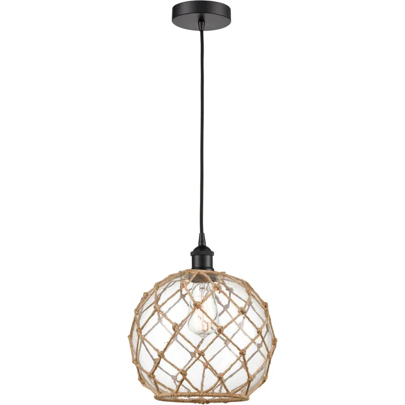 Edison Farmhouse Rope LED 10 inch Matte Black Mini Pendant Ceiling Light in Clear Glass with Brown Rope
