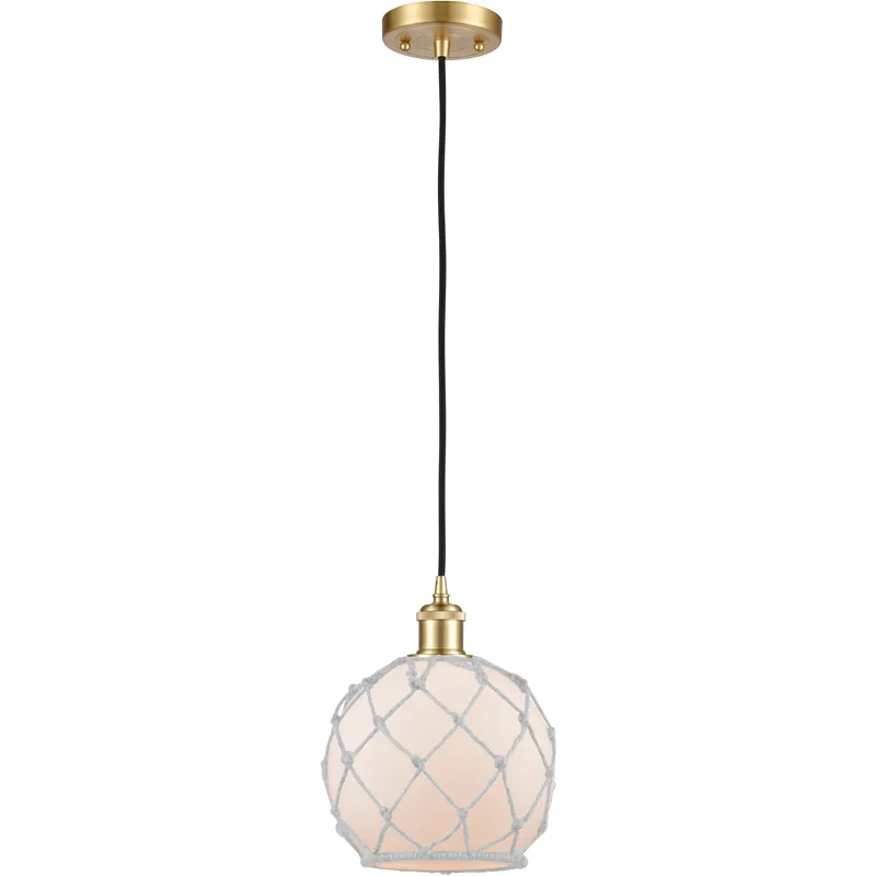 Ballston Farmhouse Rope LED 8 inch Satin Gold Mini Pendant Ceiling Light in White Glass with White Rope, Ballston