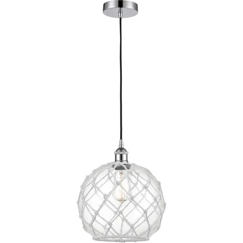 Edison Farmhouse Rope LED 10 inch Polished Chrome Mini Pendant Ceiling Light in Clear Glass with White Rope