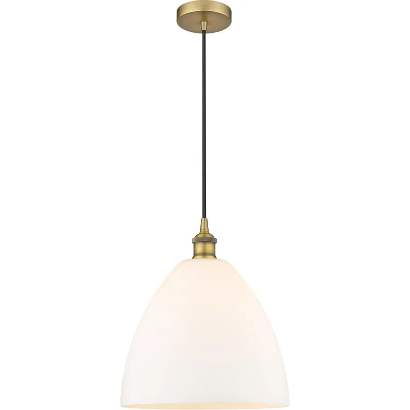 Edison Dome LED 12 inch Brushed Brass Mini Pendant Ceiling Light in Matte White Glass