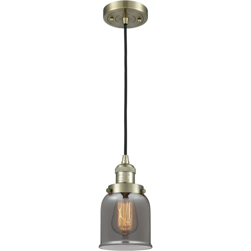 Franklin Restoration Bell LED 5 inch Antique Brass Mini Pendant Ceiling Light in Light Smoke Glass, Franklin Restoration