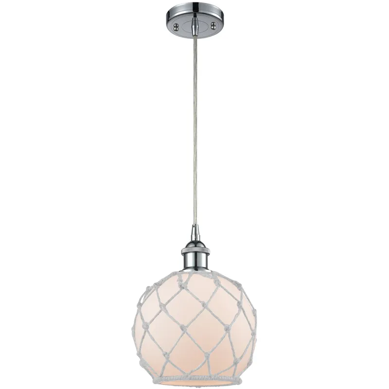 Ballston Farmhouse Rope LED 8 inch Polished Chrome Mini Pendant Ceiling Light in White Glass with White Rope, Ballston
