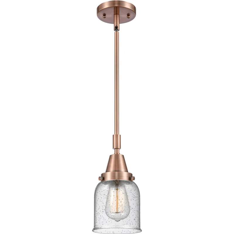 Franklin Restoration Small Bell LED 5 inch Antique Copper Mini Pendant Ceiling Light in Seedy Glass