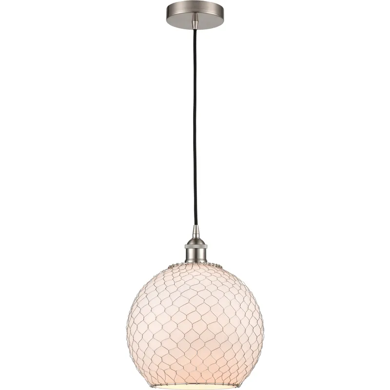 Ballston Farmhouse Chicken Wire 1 Light 10 inch Brushed Satin Nickel Mini Pendant Ceiling Light in White Glass with Nickel