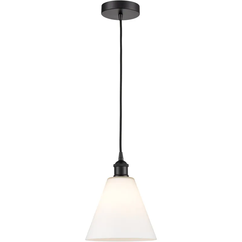 Edison Cone LED 8 inch Matte Black Mini Pendant Ceiling Light in Matte White Glass