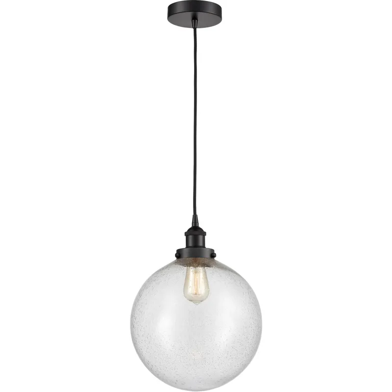 Edison Beacon LED 12 inch Matte Black Mini Pendant Ceiling Light in Seedy Glass