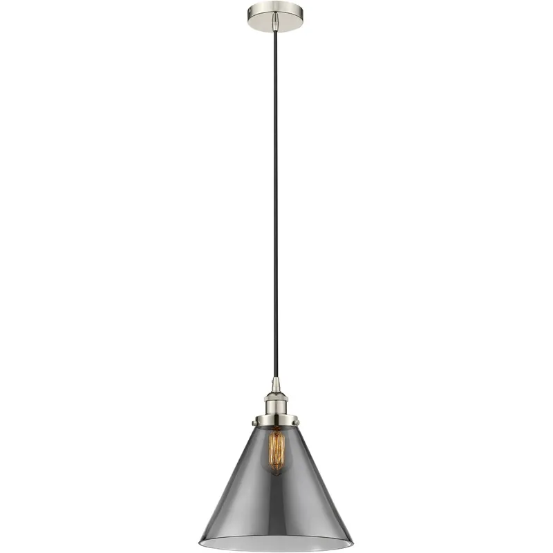 Edison Cone 1 Light 12 inch Polished Nickel Mini Pendant Ceiling Light in Light Smoke Glass