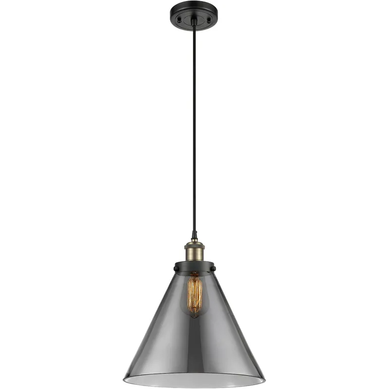 Ballston X-Large Cone LED 8 inch Black Antique Brass Mini Pendant Ceiling Light in Plated Smoke Glass, Black Textured