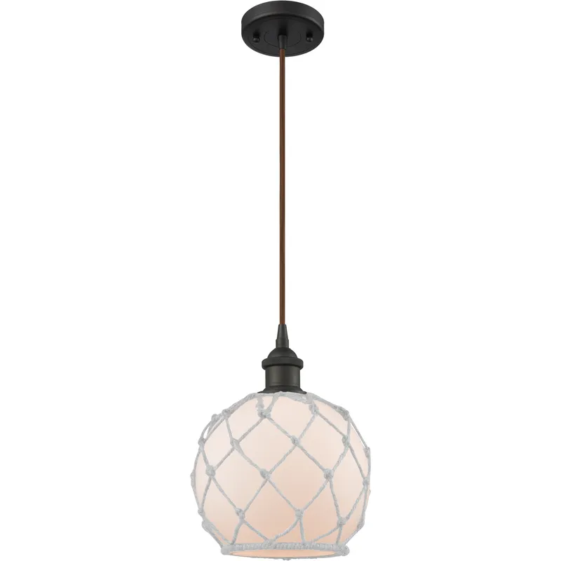 Ballston Farmhouse Rope LED 8 inch Oil Rubbed Bronze Mini Pendant Ceiling Light in White Glass with White Rope, Ballston