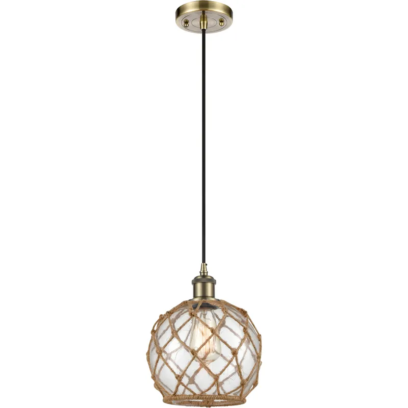 Ballston Farmhouse Rope LED 8 inch Antique Brass Mini Pendant Ceiling Light in Clear Glass with Brown Rope, Ballston