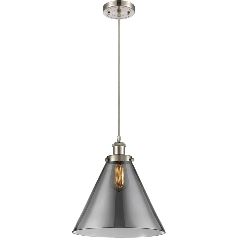 Ballston X-Large Cone LED 8 inch Brushed Satin Nickel Mini Pendant Ceiling Light in Plated Smoke Glass, Black Textured
