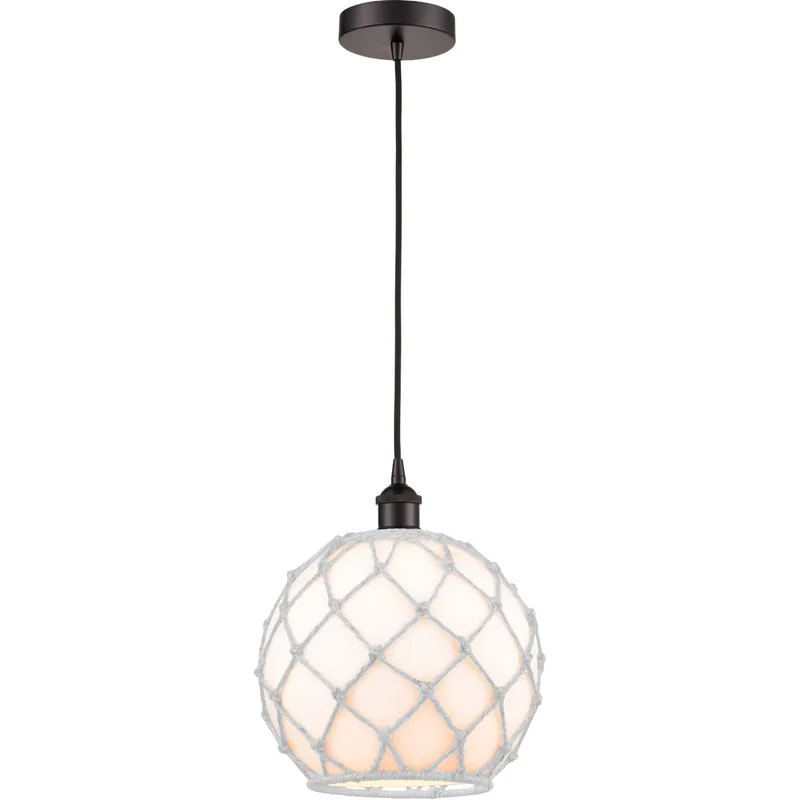 Edison Farmhouse Rope LED 10 inch Oil Rubbed Bronze Mini Pendant Ceiling Light in White Glass with White Rope