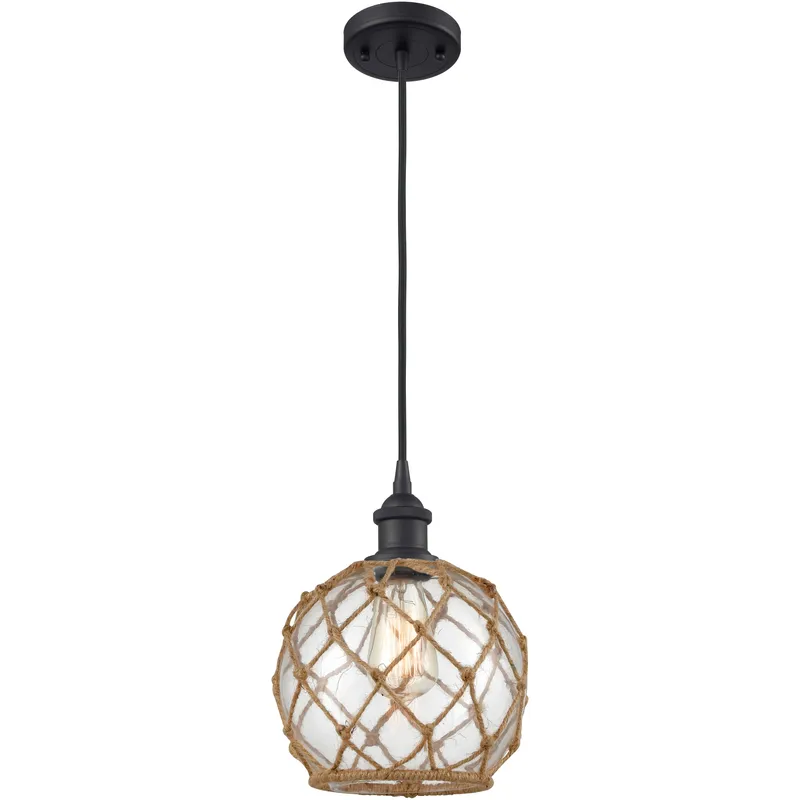 Ballston Farmhouse Rope LED 8 inch Matte Black Mini Pendant Ceiling Light in Clear Glass with Brown Rope, Ballston