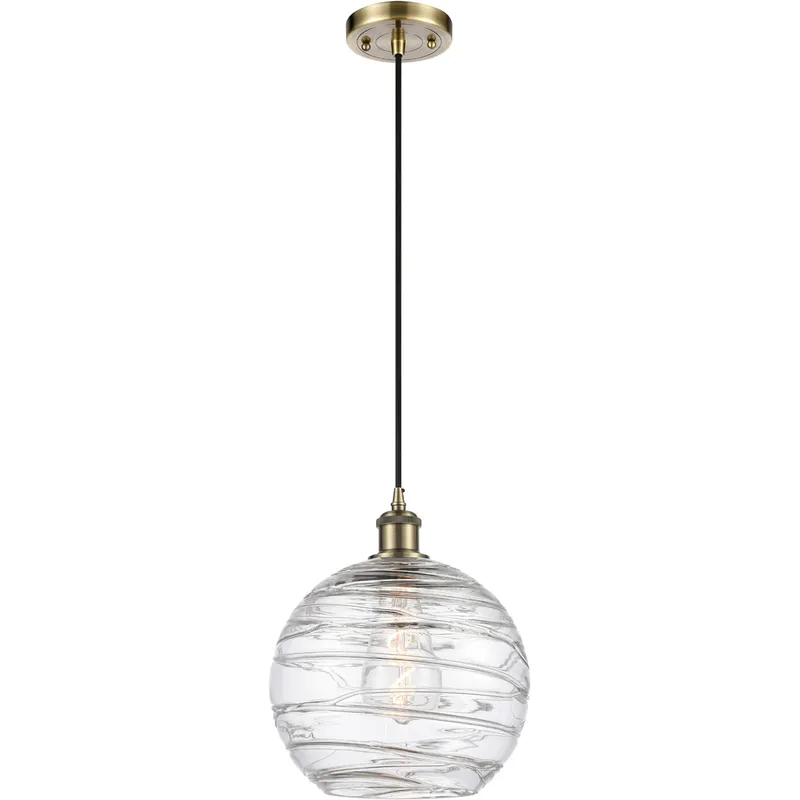 Ballston Large Deco Swirl 1 Light 10 inch Antique Brass Mini Pendant Ceiling Light in Incandescent, Large Athens, Deco Swirl Glass, Ballston