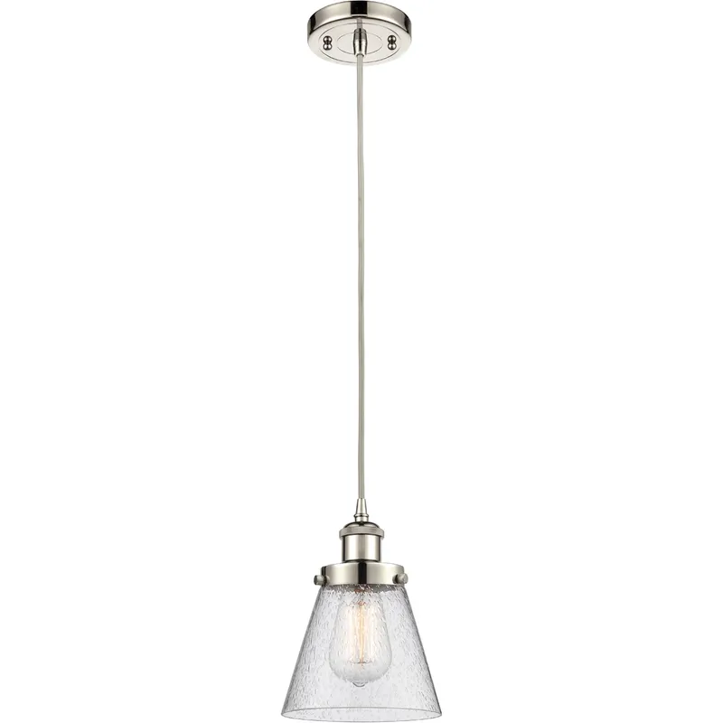 Ballston Small Cone LED 6 inch Polished Nickel Mini Pendant Ceiling Light in Seedy Glass, Black Textured