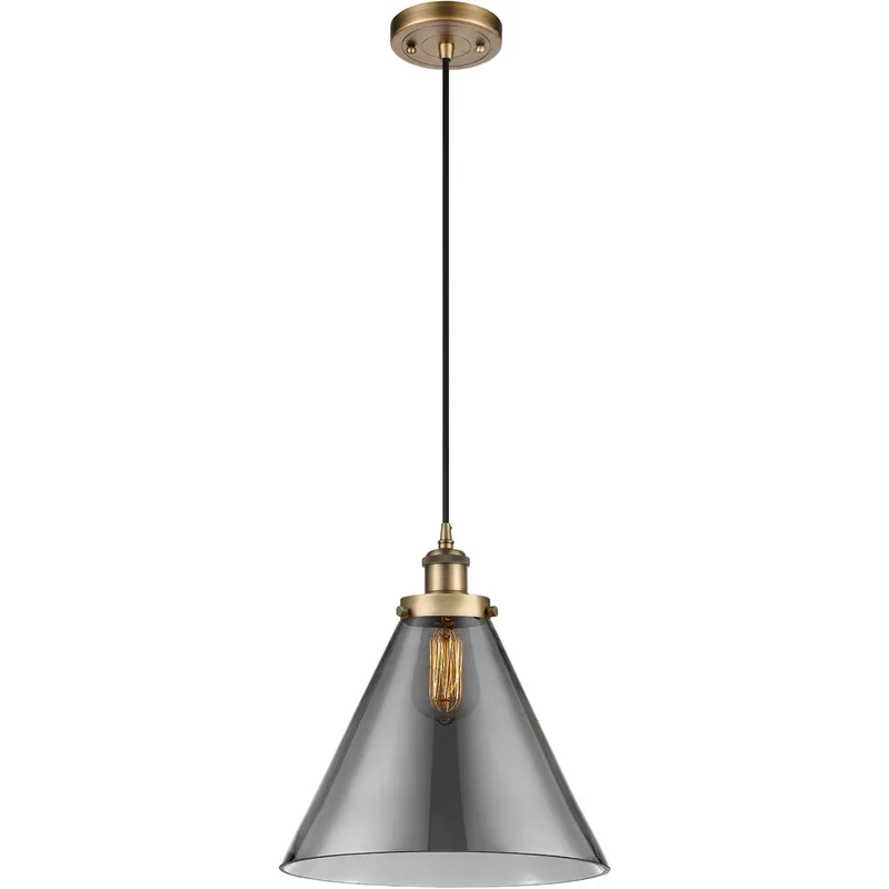Ballston X-Large Cone LED 8 inch Brushed Brass Mini Pendant Ceiling Light in Plated Smoke Glass, Black Textured