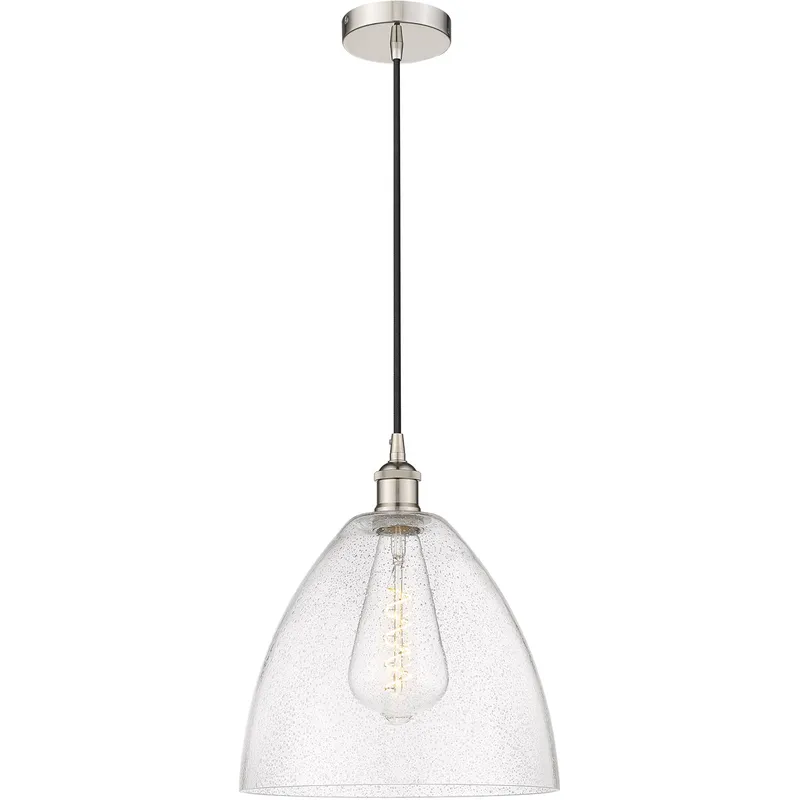 Edison Dome LED 12 inch Polished Nickel Mini Pendant Ceiling Light in Seedy Glass